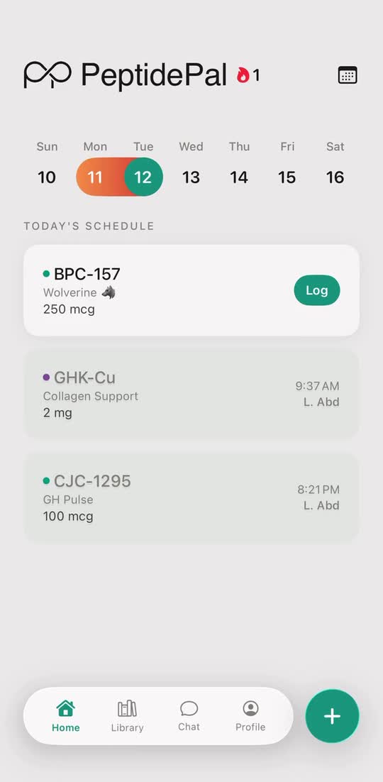 PeptidePal app showing today’s scheduled doses